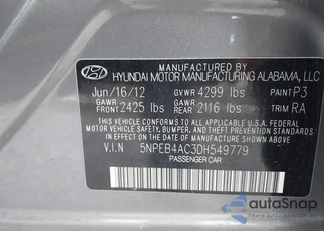 2013 Hyundai Sonata Gls z USA, uszkodzony, nr VIN 5NPEB4AC3DH549779